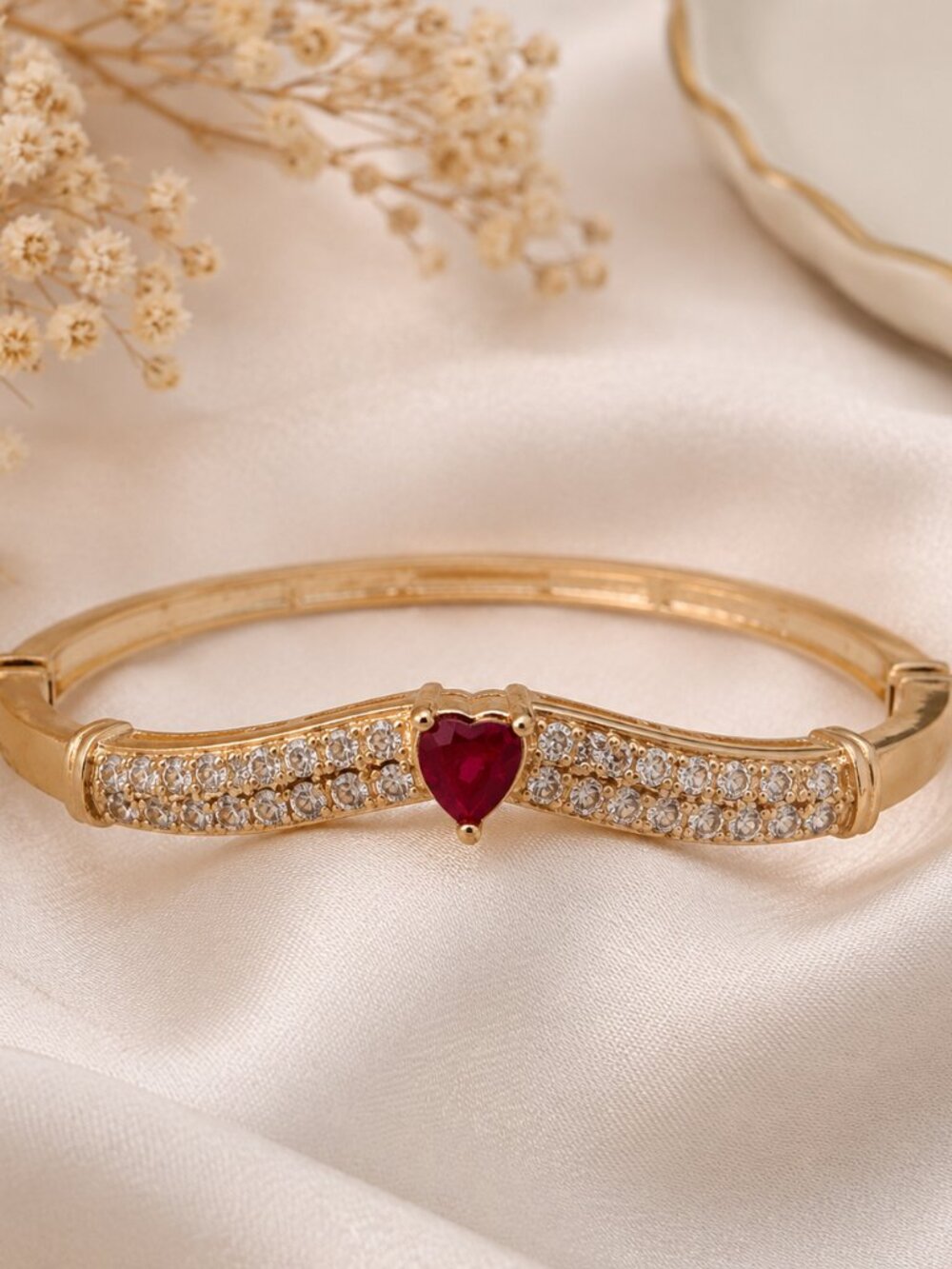 Gold Tone Heart Bangle Bracelet Red Heart Crystal Rhinestone Hinged Clasp